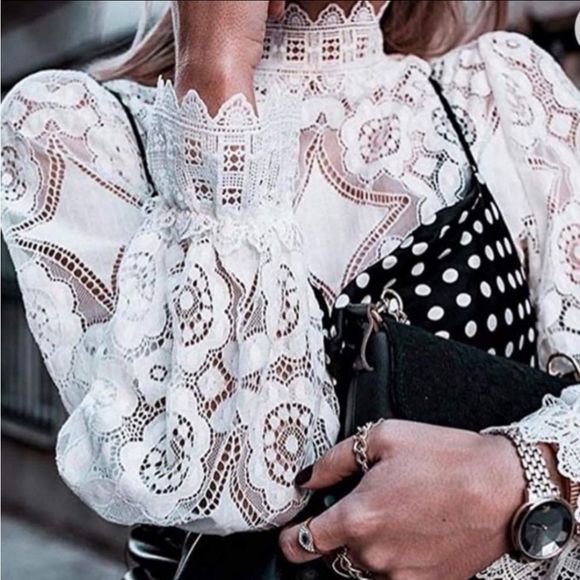 Restocking White Lace High Neck Long Sleeve Shirt - Picture 3 of 11